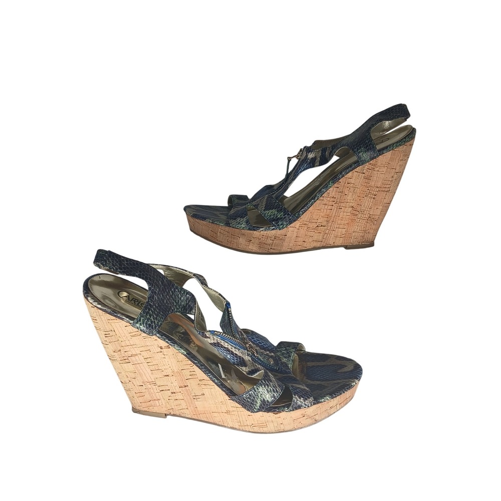 Carlos by Carlos Santana Pursuit Wedge 11M Blue Snakeskin Cork Platform Edgy Y2K
